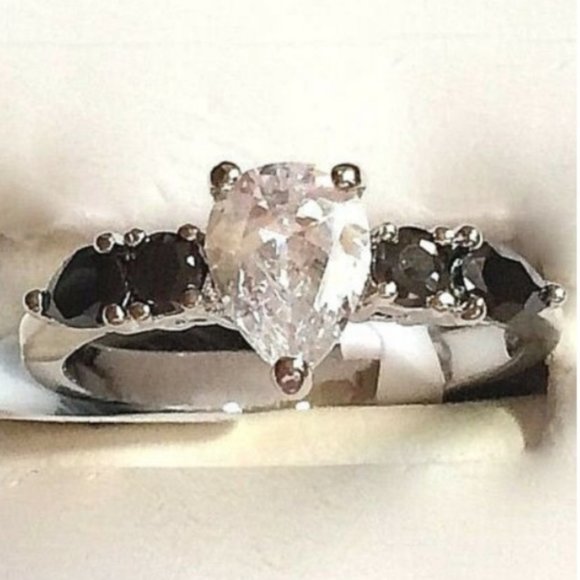 Silver Pear Cut Engagement Ring Black Onyx CZ Simulated Plated Size 8 9 10 - Picture 4 of 9